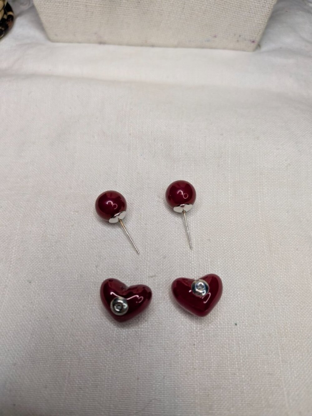 Red Heart & Ball Stud Earrings – 925 Silver, Two‑Way Wear